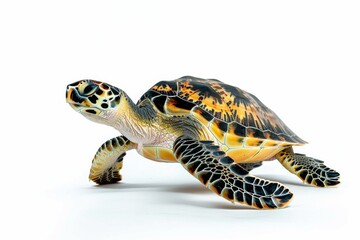 Fototapeta premium the beside view Hawksbill Turtle, left side view, white copy space on right, dutch angle view, isolated on white background