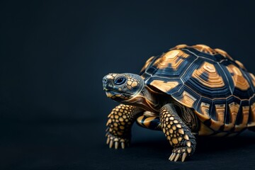 Obraz premium the beside view Indian Star Tortoise, left side view, white copy space on right, isolated on black background