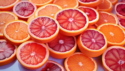 A colorful assortment of grapefruit slices with green leaves arranged on a vibrant blue background