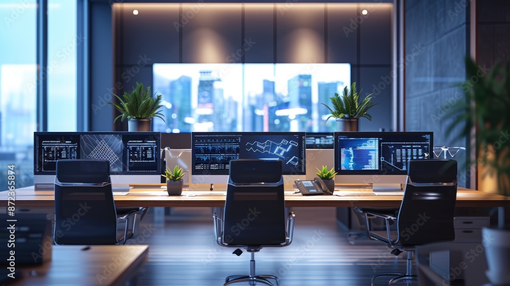 Poster in an office building, a row of computer monitors sits on a desk, creating a symmetrical display. th