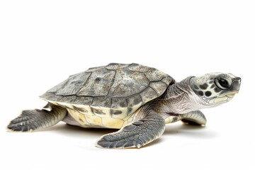 Obraz premium the beside view Kemp's Ridley Turtle, left side view, white copy space on right, dutch angle view, isolated on white background