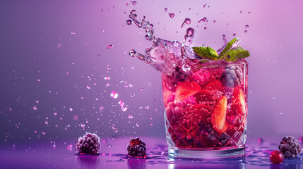 Advertising photo of a refreshing berry cocktail, fruit drink, or juice on a purple background. Studio photography. Dynamic splashes.
