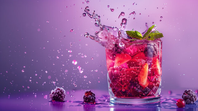 Advertising photo of a refreshing berry cocktail, fruit drink, or juice on a purple background. Studio photography. Dynamic splashes.
