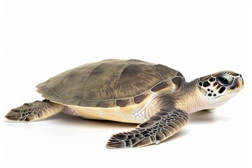 Obraz premium the beside view Olive Ridley Sea Turtle, left side view, white copy space on right, dutch angle view, isolated on white background