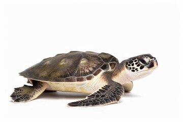 Obraz premium the beside view Olive Ridley Sea Turtle, left side view, white copy space on right, dutch angle view, isolated on white background