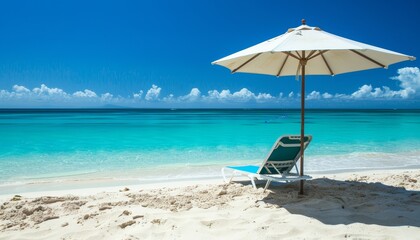 Tranquil Beach Scene with Umbrella and Chair by the Sea