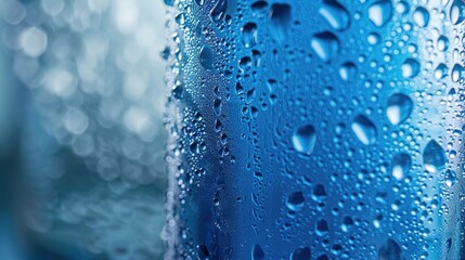 Close-up of condensation droplets on a cold glass bottle, with space for messaging 