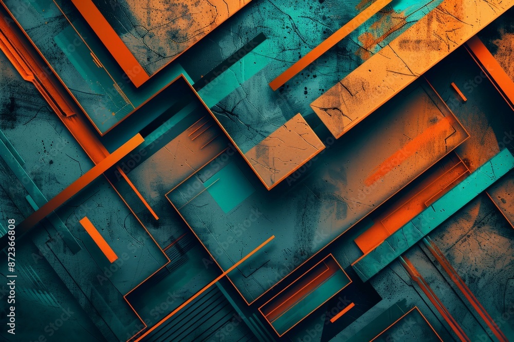 Leinwandbilder This image showcases a striking geometric abstract design with teal and orange elements, featuring sharp lines and angles that create a sense of depth and complexity.