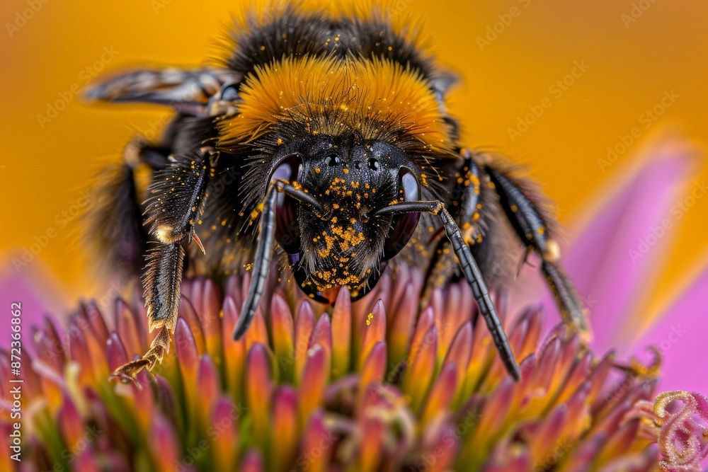 Poster A detailed macro photograph capturing a bee covered in pollen while it rests on the vibrant petals of a flower, showcasing nature's intricate beauty and pollination process.