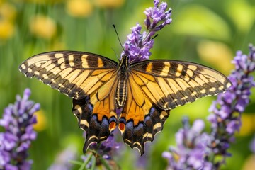 Obraz premium An elegant butterfly with striking yellow and black wings delicately perched on lavender blossoms, set against a soft-focus garden background in vibrant colors.
