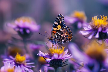 A beautifully patterned butterfly with intricate designs on its wings, perched on a flower in a field of vibrant purple and yellow blossoms under soft, natural light.