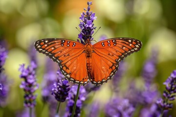 Obraz premium A bright orange butterfly with detailed markings resting on vibrant purple lavender flowers, showcasing the natural beauty and contrast of colors in a lush garden setting.