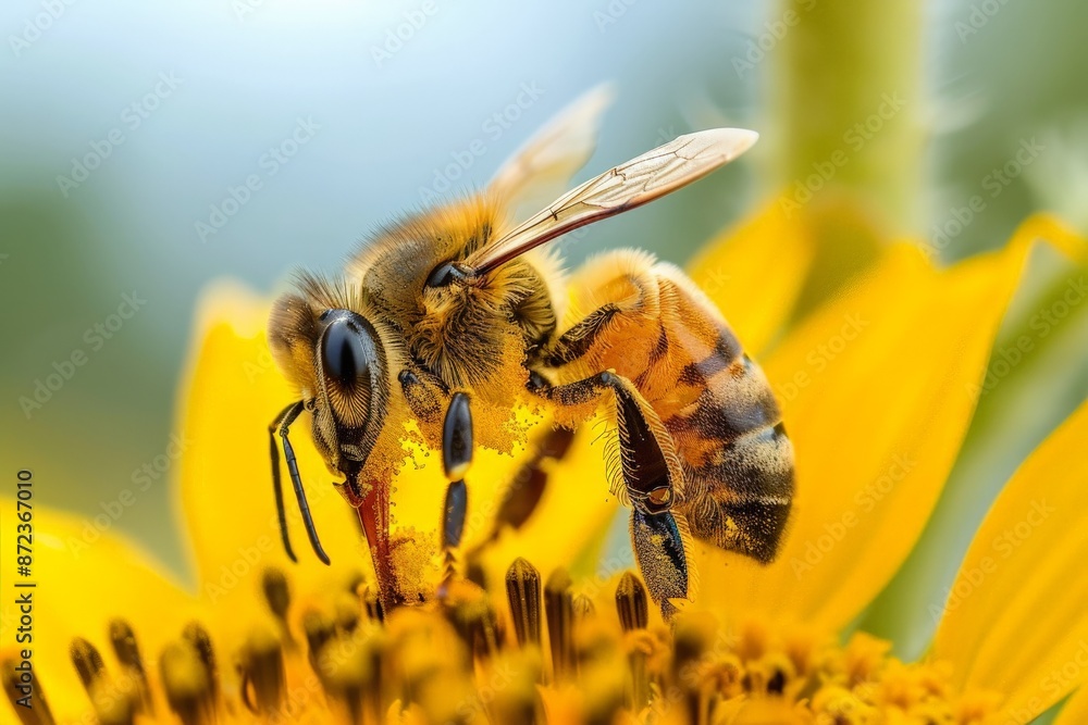 Poster this image captures a detailed, close-up view of a honey bee collecting nectar from a vibrant, yello