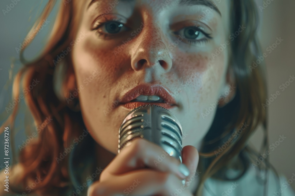 Poster a detailed shot of a person gripping a microphone and singing, with light reflecting off the microph