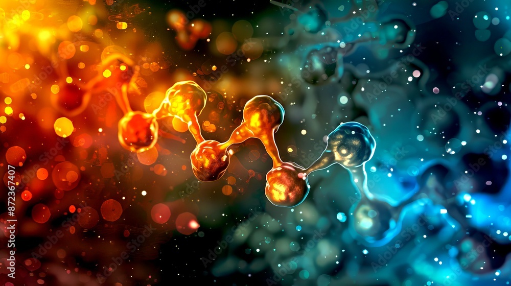 Poster abstract molecular structure with colorful background representing scientific concepts. vivid colors