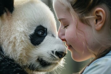 Fototapeta premium A closeup image of a girl and a baby panda gazing into each other's eyes, showcasing the striking connection and mutual curiosity between a child and an animal.