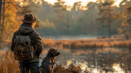 a hunter accompanied by their loyal dog amidst a forest at dawn. The golden hour light adds warmth and depth to this peaceful scene of companionship and anticipation.