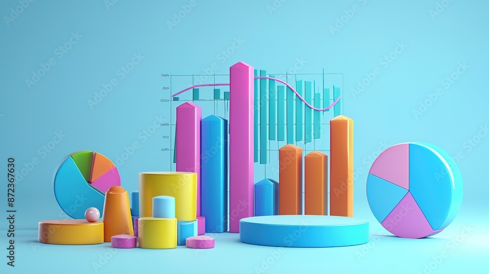 Poster financial data analysis with bar graphs and pie charts on light blue background