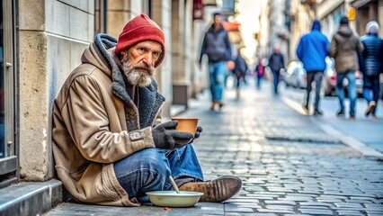 a beggar on the street begs for money