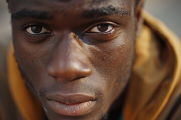 Obraz premium An intense, close-up portrait of a young man with a serious expression, gazing straight into the camera, highlighting his determination and focus.