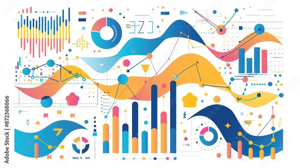 Poster dynamic vector financial charts and data streams on white background