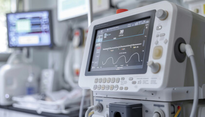 In a hospital room, a medical monitor is placed on a table for continuous monitoring of vital signs