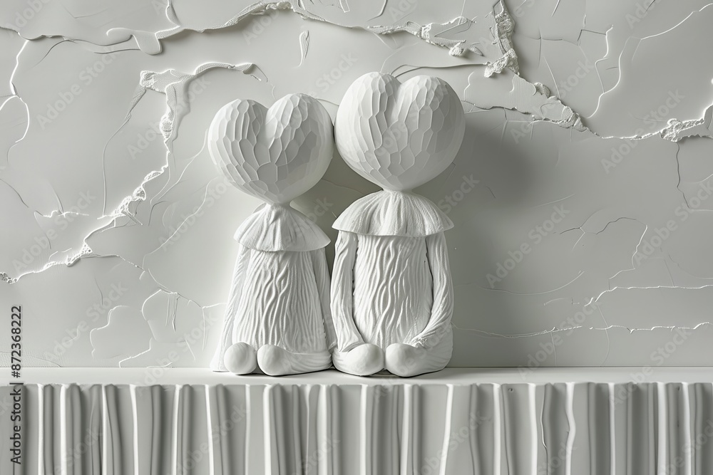 Poster minimalist illustration of two figures with heart elements symbolizing love and unity in a modern el