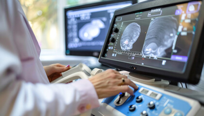 A doctor is currently using an ultrasound machine to inspect the brain of a baby