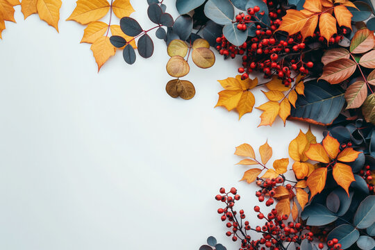 Vibrant autumn frame composition with decorative leaves and rowanberries on white background, layout mock-up photo