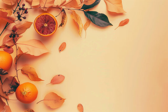 Vibrant autumn composition with decorative leaves and citruses on a beige background, layout mock-up photo