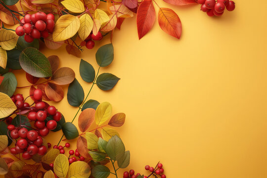Vibrant autumn composition with decorative leaves and berries on the yellow background, layout mock-up photo
