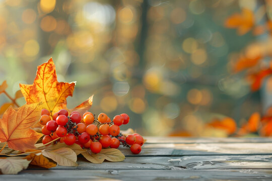 Bright autumn composition with orange 
leaves and rowan bunch of rowanberries laying on wooden surface, blurred forest on the background, empty space for text and design