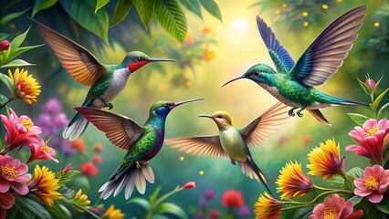 Fototapeta premium Colorful humming bird are flying near flowers and pecking at water droplets falling from beautiful wild flowers pollen.