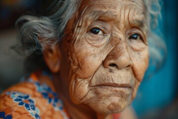 An elderly woman with deep wrinkles, reflecting with kind eyes and a warm expression, dressed in an orange patterned outfit, embodying wisdom and grace against a neutral backdrop.