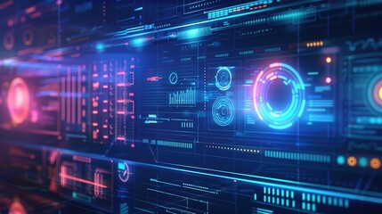 Obraz premium Digital Finance Technology Concept with Futuristic Interface Vectors on Blue Gradient Background