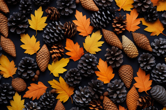 Vibrant autumn pattern with decorative pine cones and leaves, layout photo
