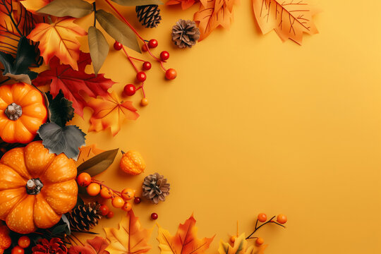 Vibrant autumn composition with decorative pumpkins, pine cones, leaves and berries on the yellow background, layout mock-up photo