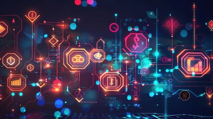 Illuminated Financial Connections: Abstract Futuristic Icons on Dark Background