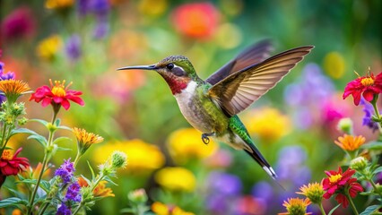 Colorful humming bird are flying near flowers and pecking at water droplets falling from beautiful wild flowers pollen.