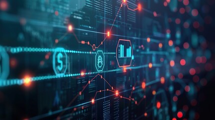 Fototapeta premium Digital Financial Network of the Future - Abstract Futuristic Icons on Dark Background