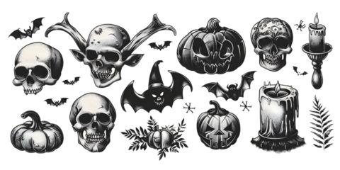 A collection of skulls and bats with pumpkins and candles