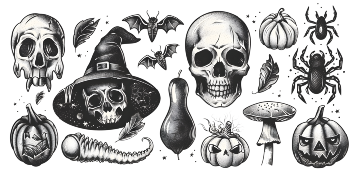 A collection of skulls, skeletons, and other Halloween-themed images