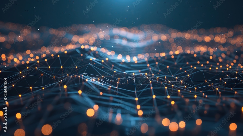 Poster digital financial ecosystem with network lines on a black background