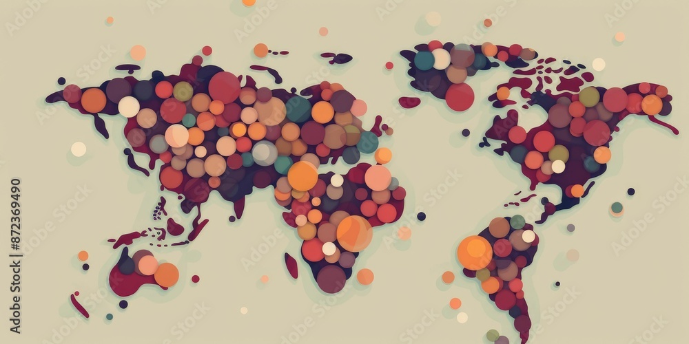 Poster stylized world map composed of multicolored circles on a white background with a modern artistic tou