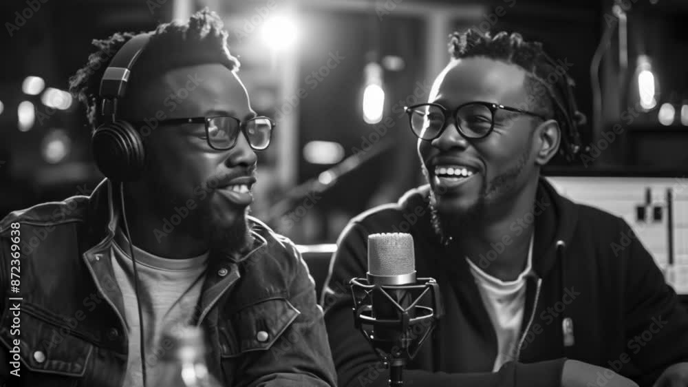Poster this two men in a recording studio laughing while recording a podcast.