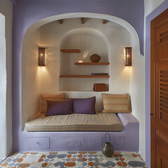 Relax in Style: Clear Alcove Featuring a Daybed and Mosaic Tile Flooring Illuminated by Sconce Lamps
