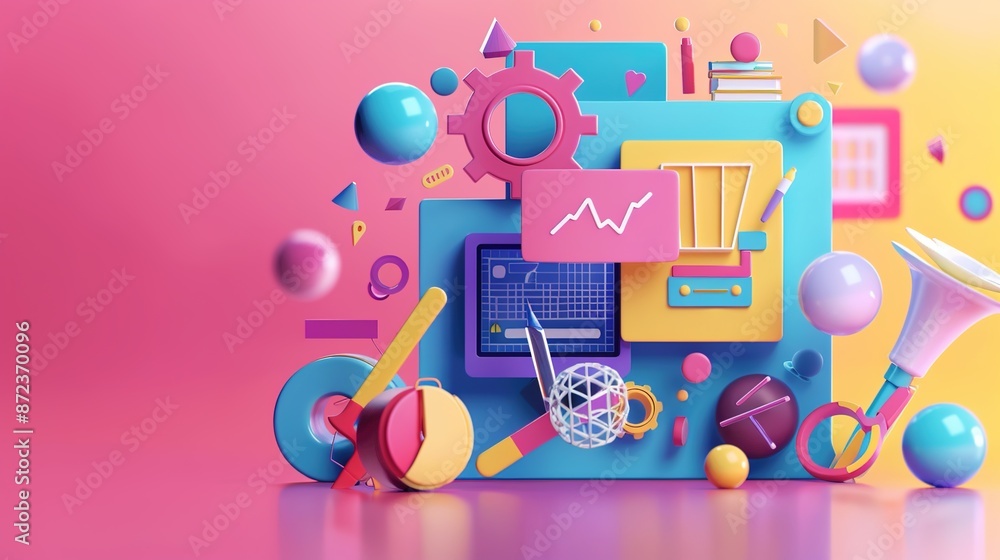 Aufkleber technological symphony: bright 3d web development tools and icons background