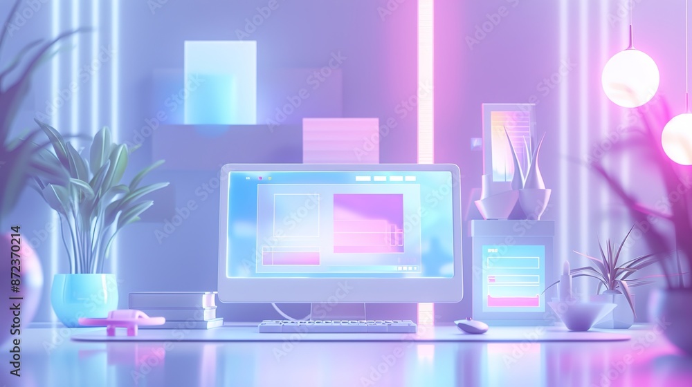 Poster futuristic web development: minimalist 3d scene with clean modern visuals
