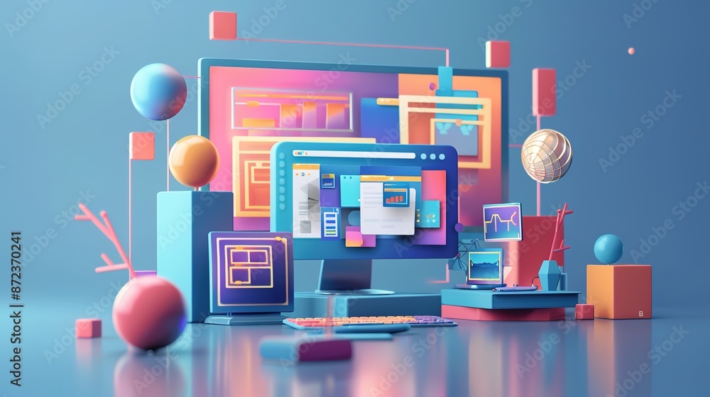 Poster modern web development in minimalist 3d scene