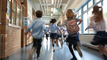 A group of children in uniforms rushes through a bustling school hallway, capturing the dynamic and animated atmosphere typical of a busy school day, bursting with energy.